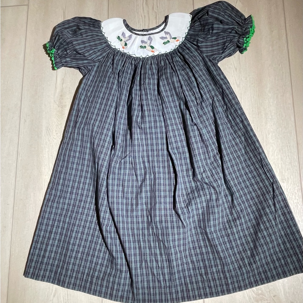 Mom and Me Kids Girls Smocked Maxi Dress Green Plaid ducks Size 3T cotton